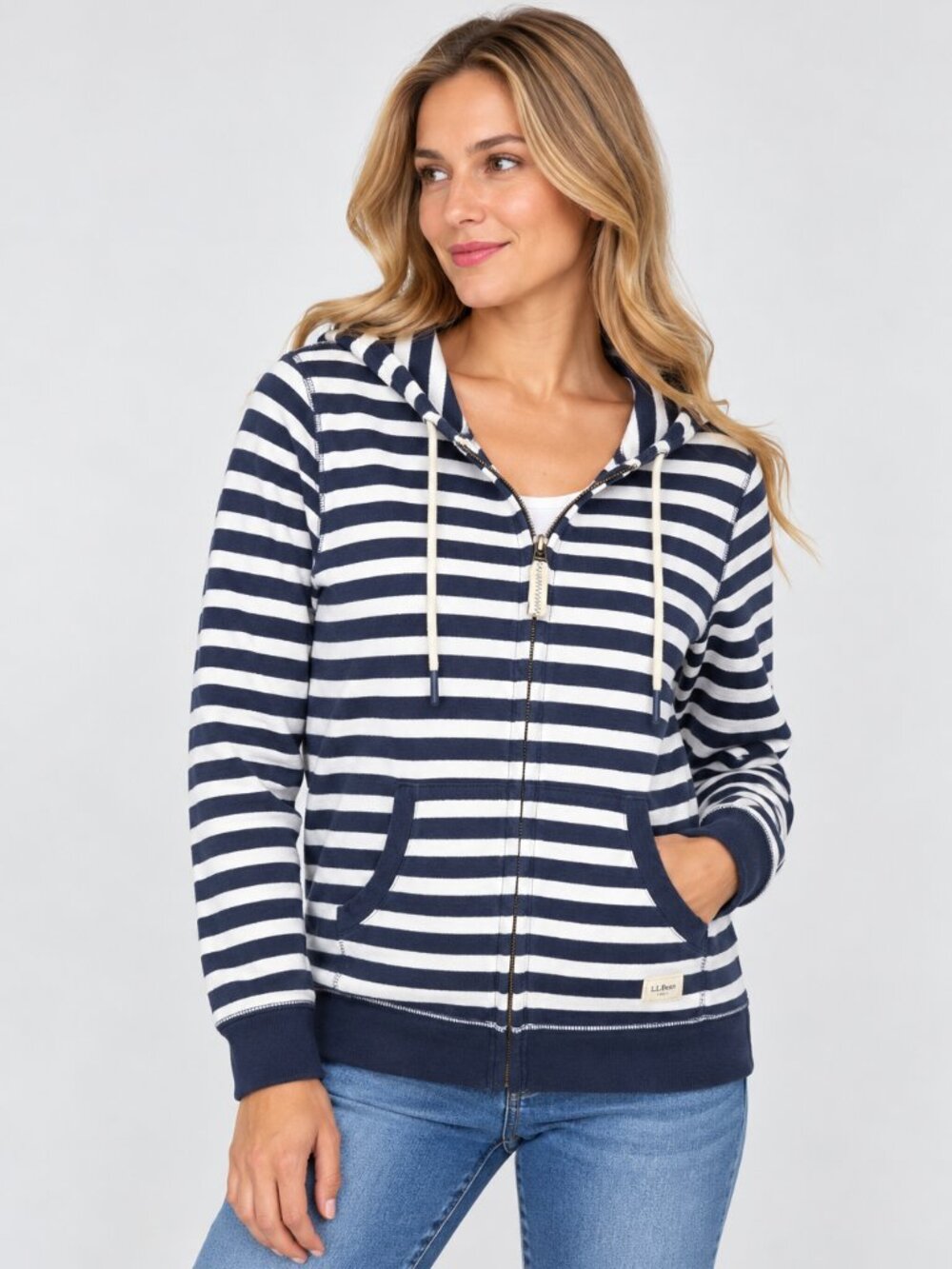 L.L.Bean Women's Navy White Striped Full Zip Hoodie Organic Cotton M